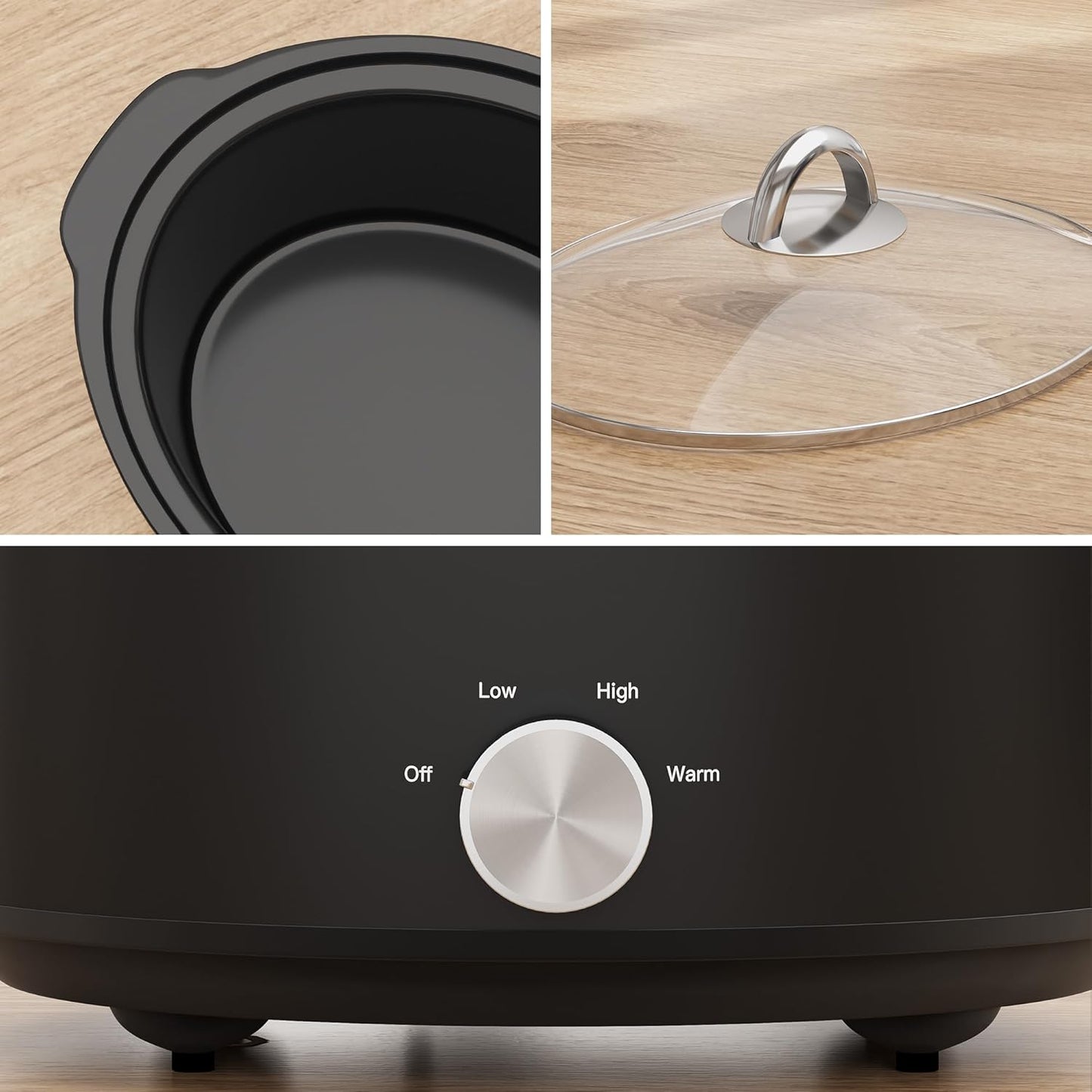 Sunvivi 4QT Small Slow Cooker - Mini Food Warmer with 3 Heating Settings & Removable Ceramic Pot | Black