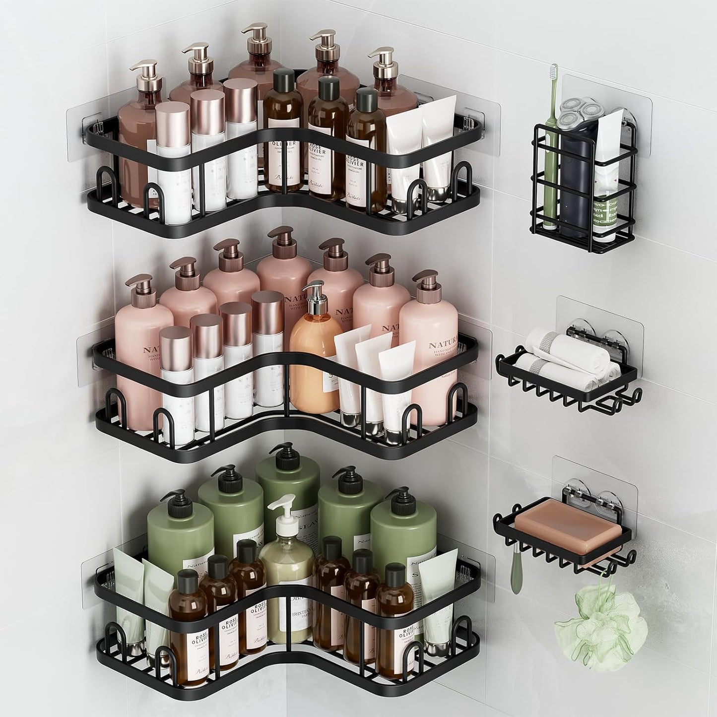 Veken Corner Shower Caddy - Rustproof Wall-Mounted Organizer with Soap Holder | 6-Pack, Black