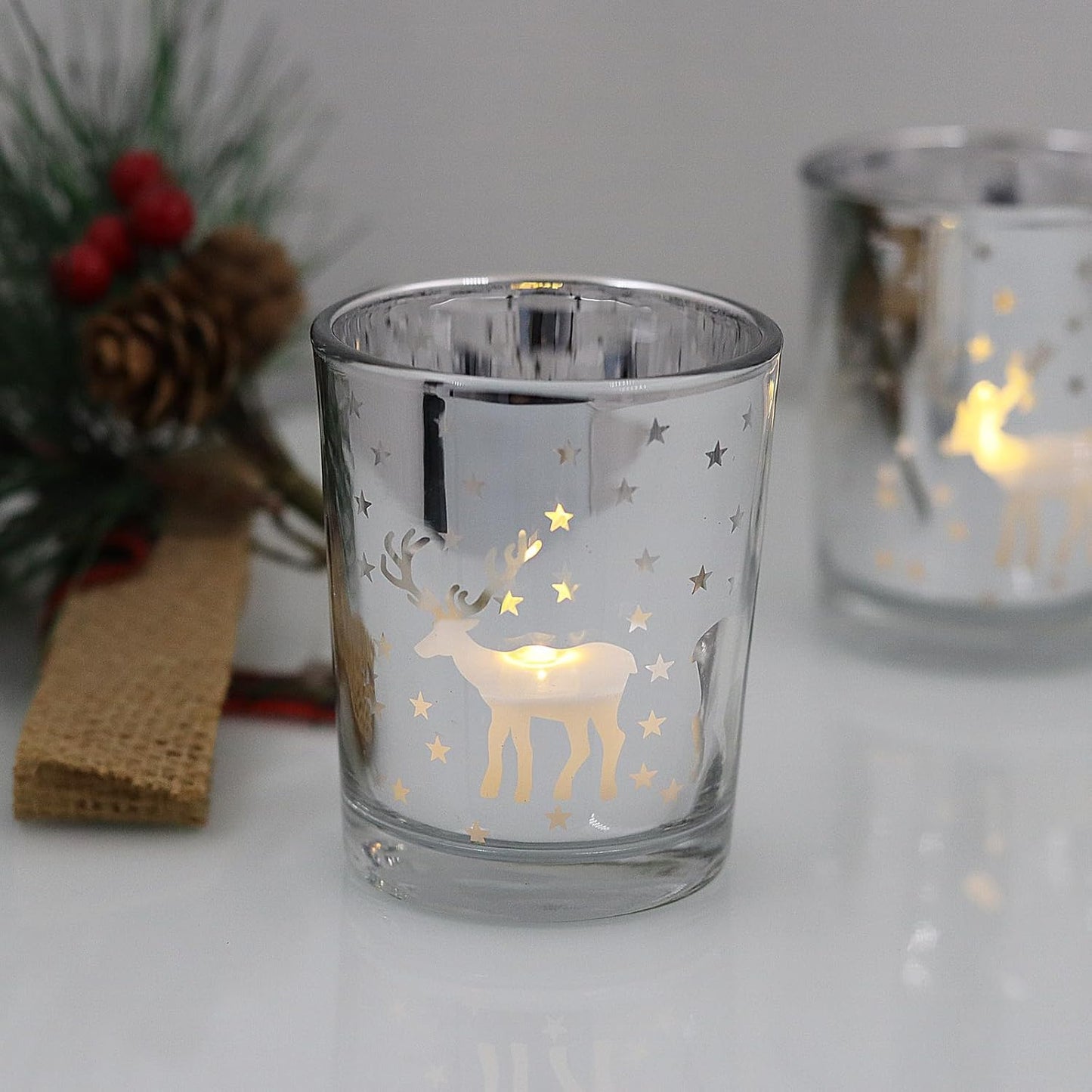 Silver Votive Tealight Candle Holders - 12PCS Christmas Decor with Carved Reindeer for Festive Centerpieces