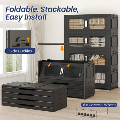 250GAL Extra Large Storage Bins - Stackable Collapsible Plastic Containers with Lid & Wheels | 5-Pack Black