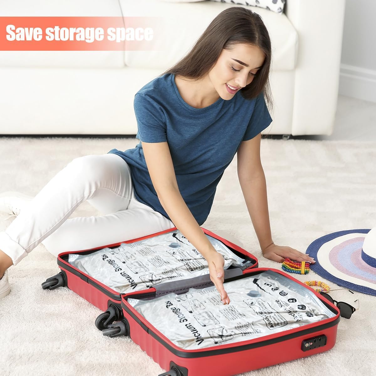 Skiennix Vacuum Storage Bags - Space Saver Compression for Comforters & Blankets | 6 Medium Bags with Hand Pump