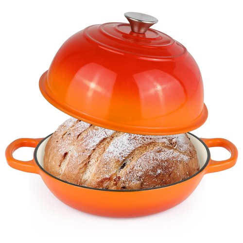 Enameled Cast Iron Bread Oven, Dutch Oven Pot with Lid, 10" Bread Dutch Oven for Sourdough Bread Baking, 6 Quarts Bread Pan with Dome Lid, Non-stick Cookware for Homemade Bread, Orange