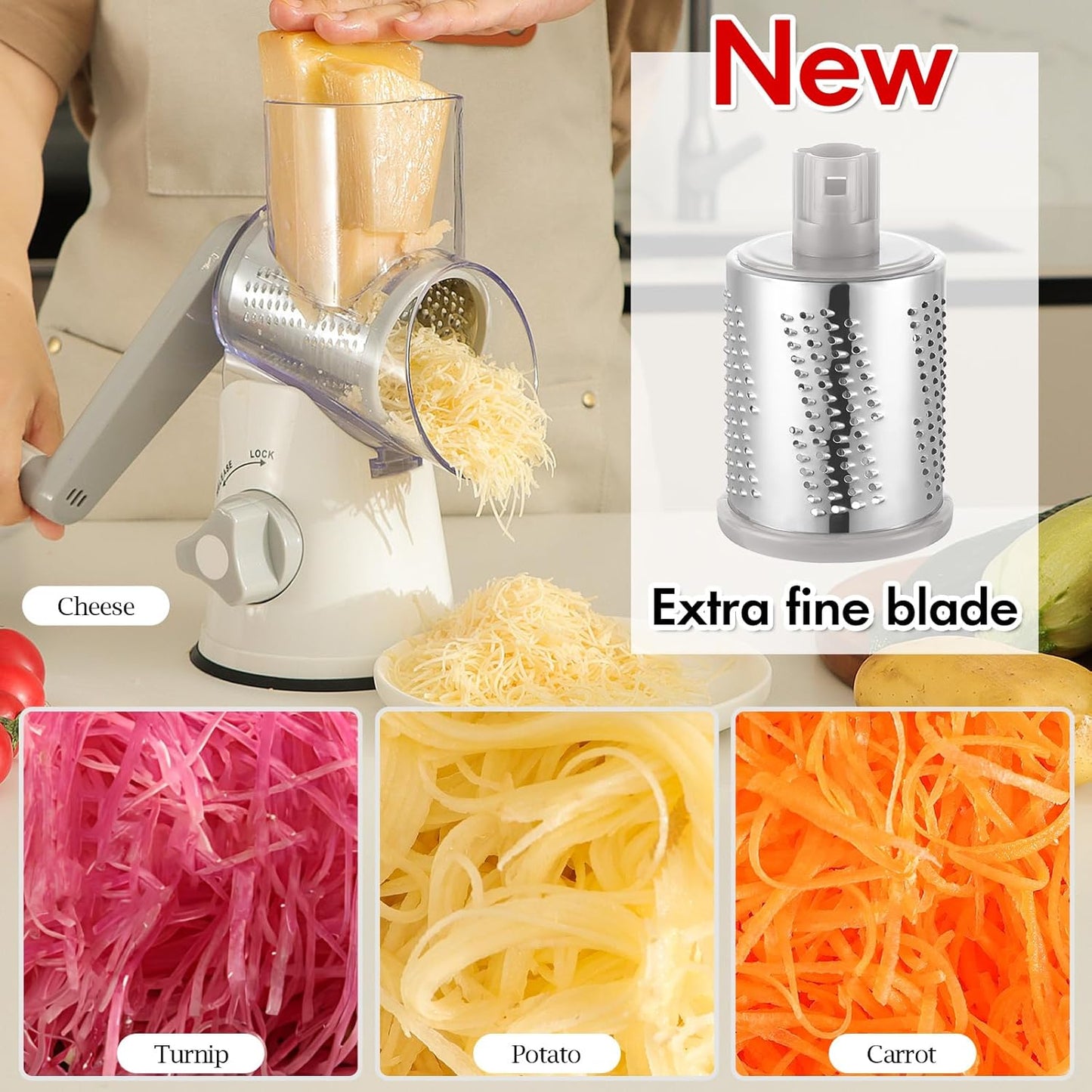 Ourokhome Rotary Cheese Grater - Hand Crank Kitchen Shredder with 5 Blades for Cheese, Vegetables & Nuts - White