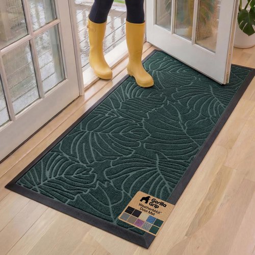 GORILLA GRIP 100% Waterproof All-Season WeatherMAX Doormat, 60x24, US Designed Natural Rubber, Stain and Fade Resistant, Low Profile Indoor Outdoor Door Mats, Easy Clean Patio Mat, Green Palm