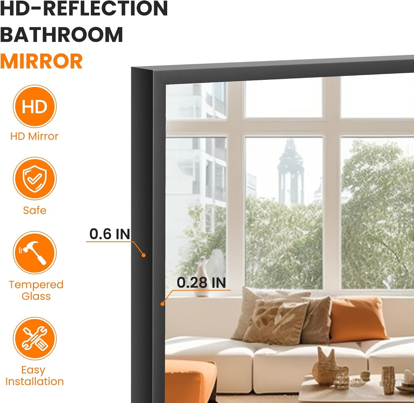 TRAHOME Bathroom Vanity Mirror - 36" x 24" Metal Framed Rectangular Design | HD Shatterproof Glass, Black