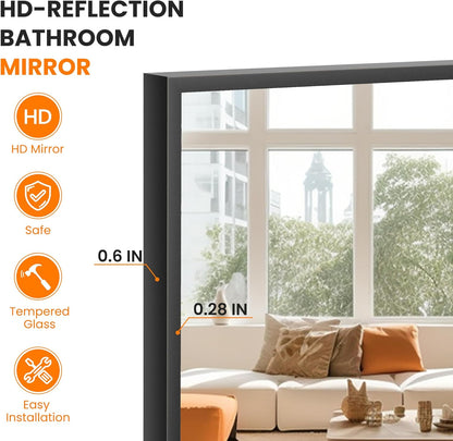 TRAHOME Bathroom Vanity Mirror - 36" x 24" Metal Framed Rectangular Design | HD Shatterproof Glass, Black