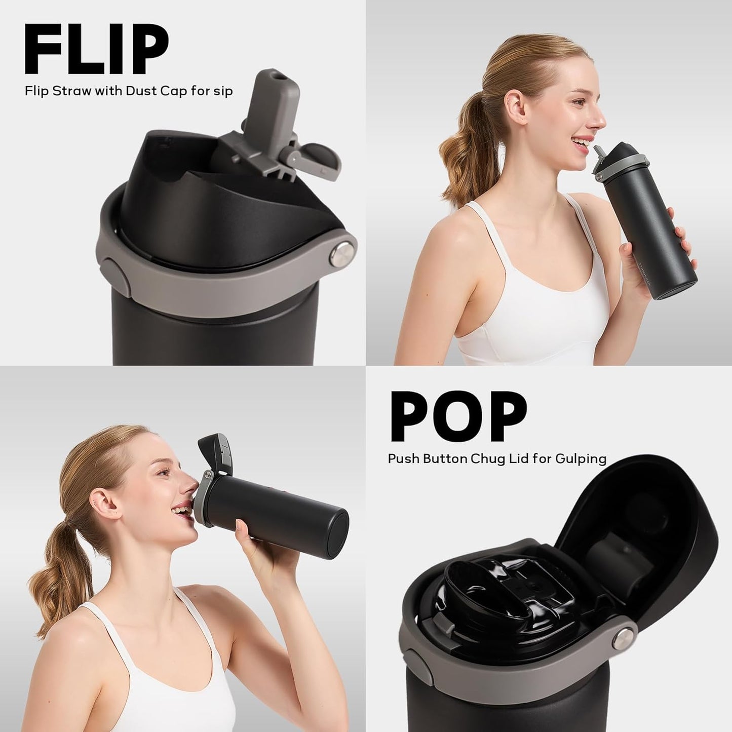 Skiennix 32 oz Insulated Water Bottle - 2-in-1 Quick Flip Straw & Push Button Lid | Leakproof, Black