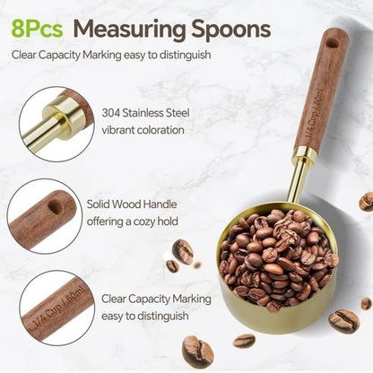 8 Pcs Golden Stainless Steel Measuring Cups and Spoons Set,Wooden Handle Baking Tools with US Measurements,Measuring Cups for Cooking, Baking, Dry & Liquid-Kitchen Baking Supplies
