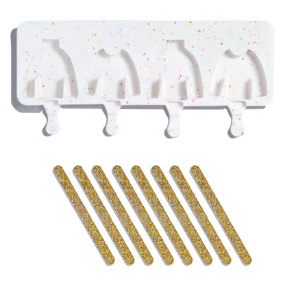 Fancy Sprinkles Clark Sweater Cakesicle Mold, 4 Cavities Reusable Silicone, For Baking & Dessert Decorating, Includes 8 Gold Glitter Acrylic Sticks (13.8” W x .7” H x 4.4” D)