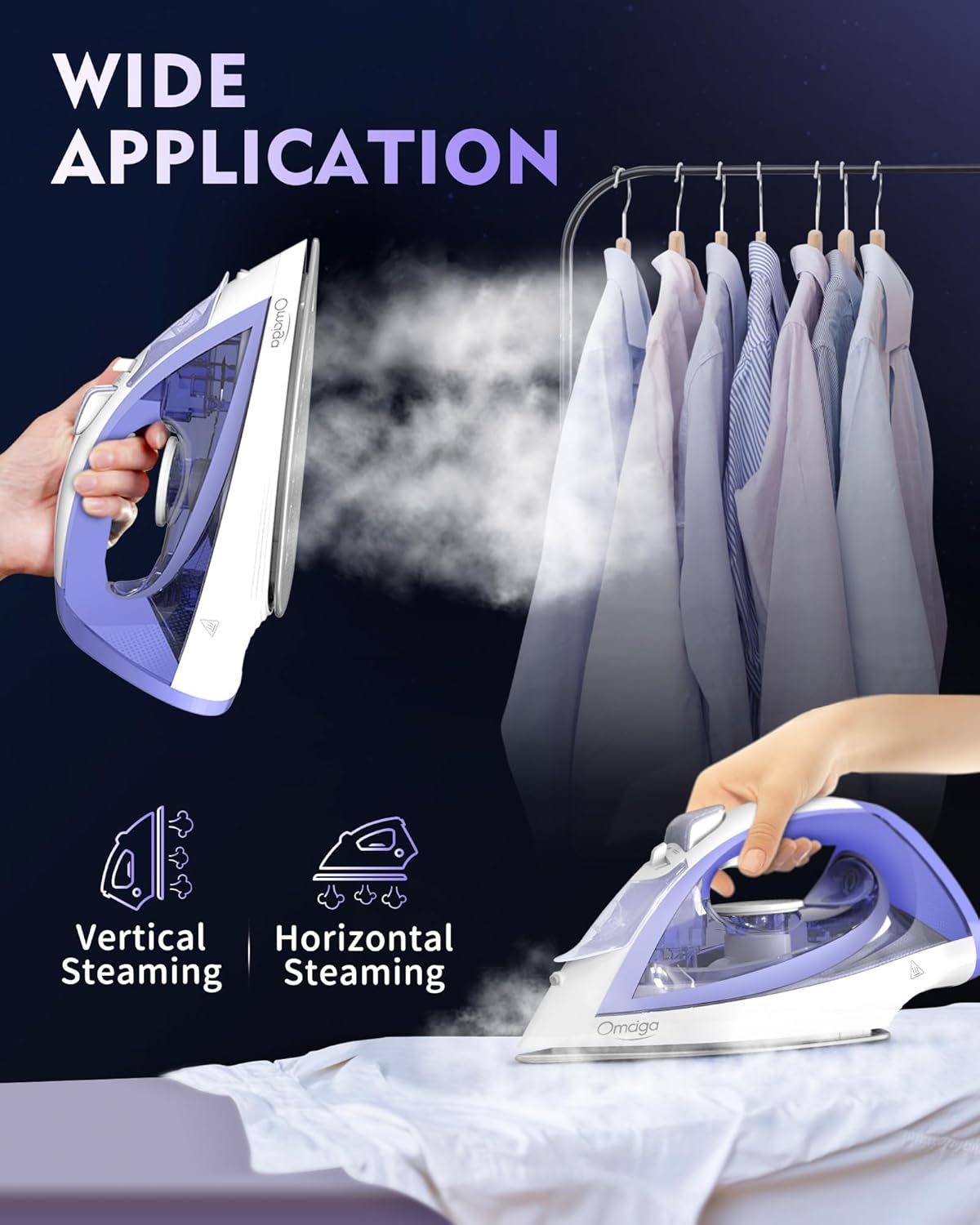 OMAIGA Cordless Steam Iron - 1550W Rapid Heating, Ceramic Soleplate, 3-Way Auto-Off | Purple, 12.85oz Tank
