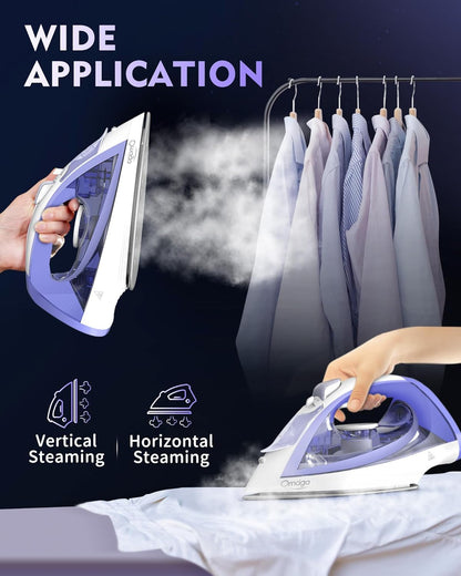 OMAIGA Cordless Steam Iron - 1550W Rapid Heating, Ceramic Soleplate, 3-Way Auto-Off | Purple, 12.85oz Tank