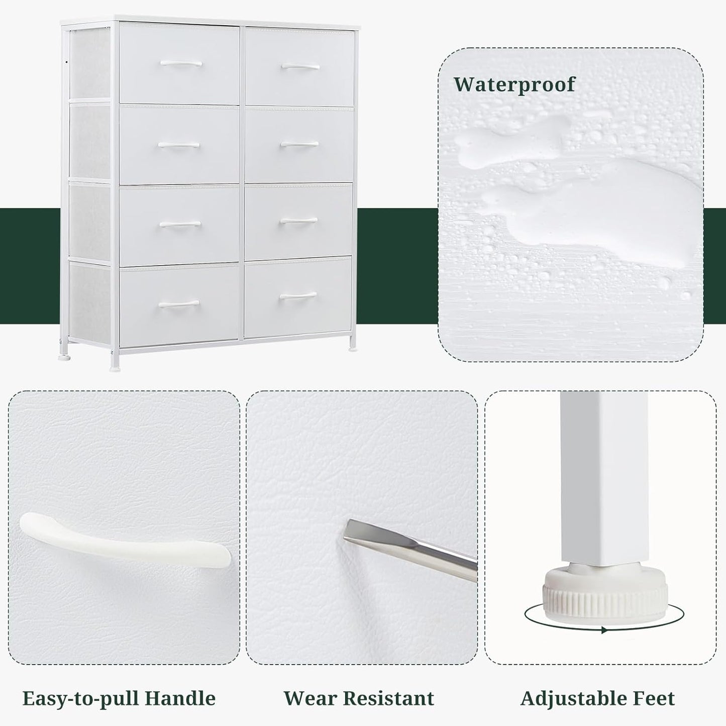 Regine Switzerland 8-Drawer Dresser - Anti-Tip Storage Organizer with Wooden Top & Metal Frame | White