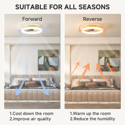 VOLISUN Low Profile Ceiling Fans with Lights and Remote, 19.7in Fandelier Ceiling Fan with Light, 3000K-6500K Dimmable Bladeless LED Fan Light, Gold Flush Mount Ceiling Fans with Lights for Bedroom