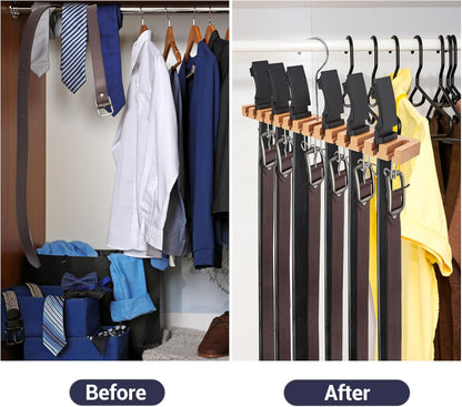 Ohuhu Belt Hanger Organizer - 2-in-1 Wall Mount with 14 Slots & 13 Hooks | 360° Rotating Wooden Storage for Belts, Ties & Scarves