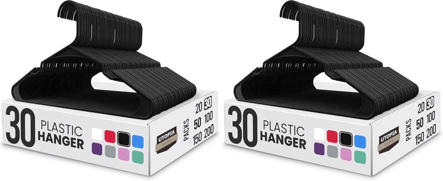 Utopia Home Clothes Hangers - Durable Space-Saving Plastic Coat Hangers with Shoulder Grooves | 60 Pack - Black