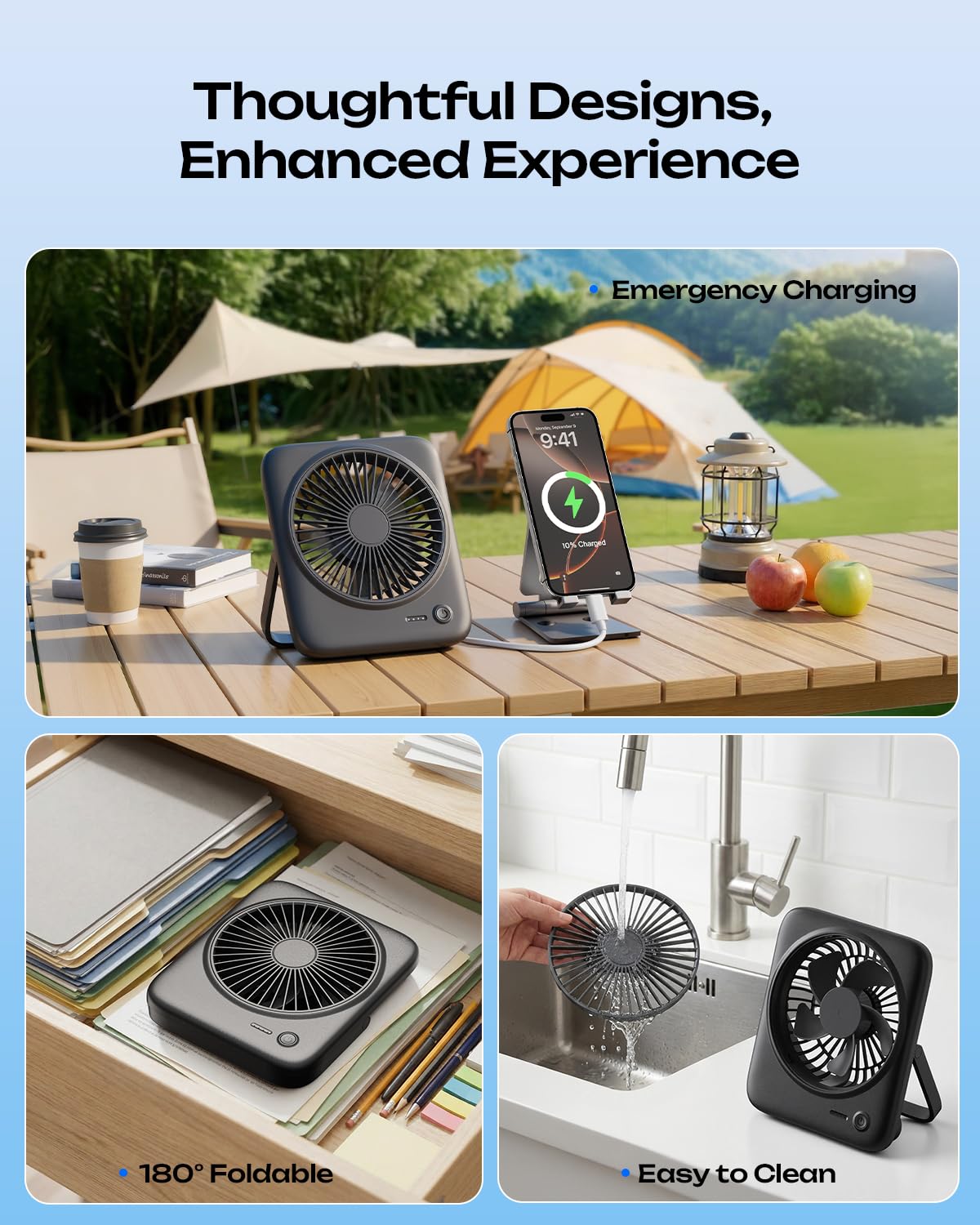 Otlonpe Personal Portable Desk Fan, 4000mAh Small Rechargeable Portable Fan Battery Operated & USB Powered for Travel Sleeping Bedroom Office Home Table, Cordless, Quiet, 4-Speed, 6.5 Inch (Black)
