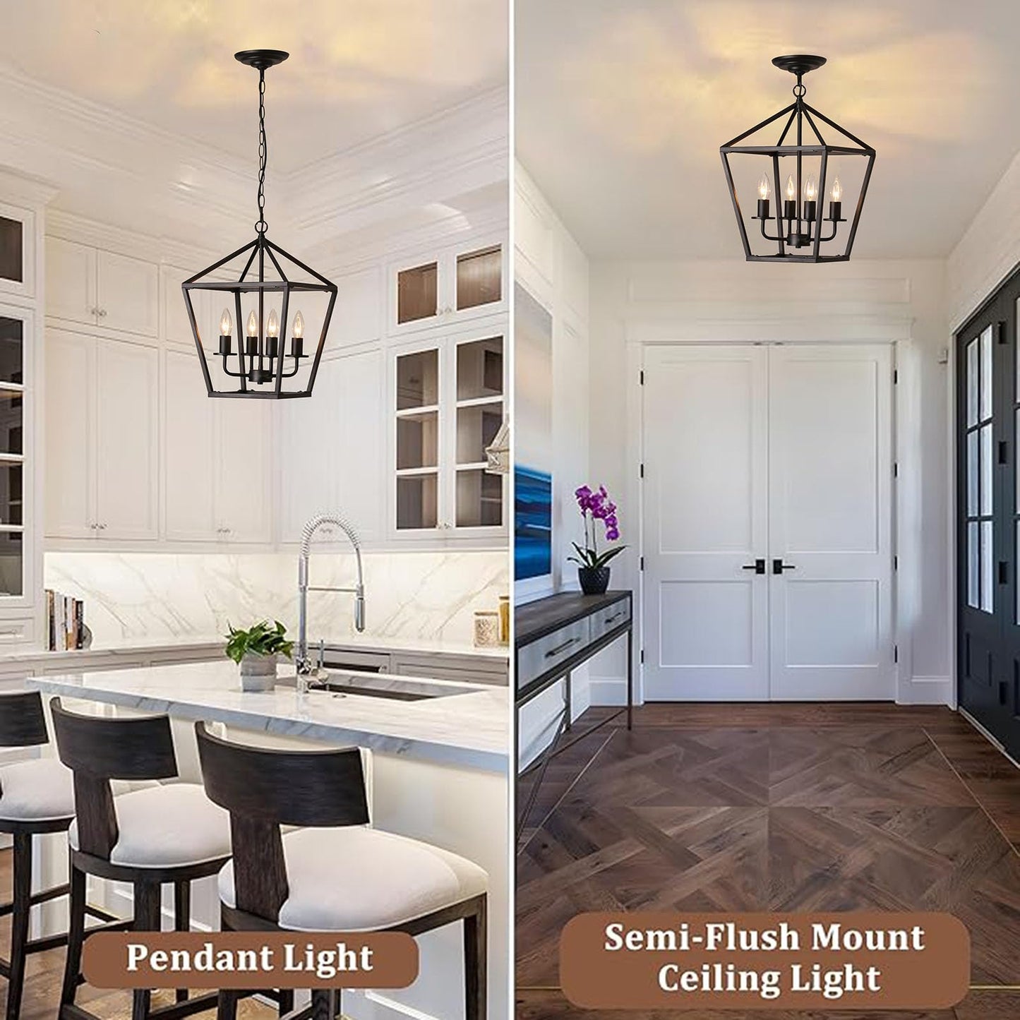 Mlmgmh168 4-Light Black Farmhouse Chandelier Iron Lantern Pendant Light Rustic Cage Hanging Light Fixtures Industrial Foyer Lights for Kitchen Island Dining Room Hallway Foyer Entryway