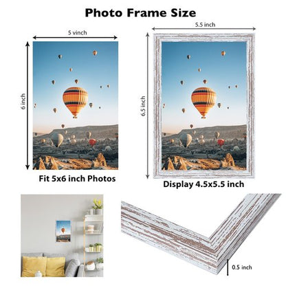 JCJMY 5x6 Picture Frame Rustic White for Wall Hanging or Tabletop, Wall Mounting Horizontally or Vertically, 5 x 6 Wall Gallery Poster Photo Frame with Shatter Resistant Plexiglass, Rustic White