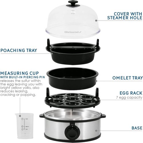 Elite Gourmet EGC648 Electric Egg Poacher - Boil Up to 7 Eggs Soft, Medium, Hard | Auto Shut-Off, BPA-Free
