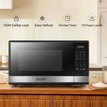 BLACK+DECKER Digital Microwave Oven - 1000W Power, Child Safety Lock, 1.1 Cu.ft, Black & Stainless Steel