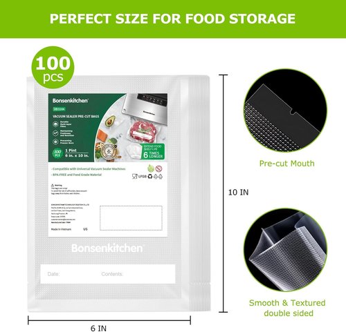 Bonsenkitchen Vacuum Food Sealer Bags - 100 Pint, BPA Free, Commercial Grade, 6" x 10" Size