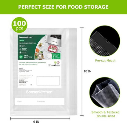 Bonsenkitchen Vacuum Food Sealer Bags - BPA Free, Commercial Grade, 100 Pint | 6" x 10" Thick Embossed Bags for Sous Vide Cooking