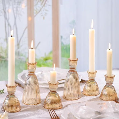 LAMORGIFT Gold Candlestick Holders Set - 4pcs 3.5" & 2pcs 6" Assorted Taper Candle Holders for Weddings | Modern Ribbed Glass Decor