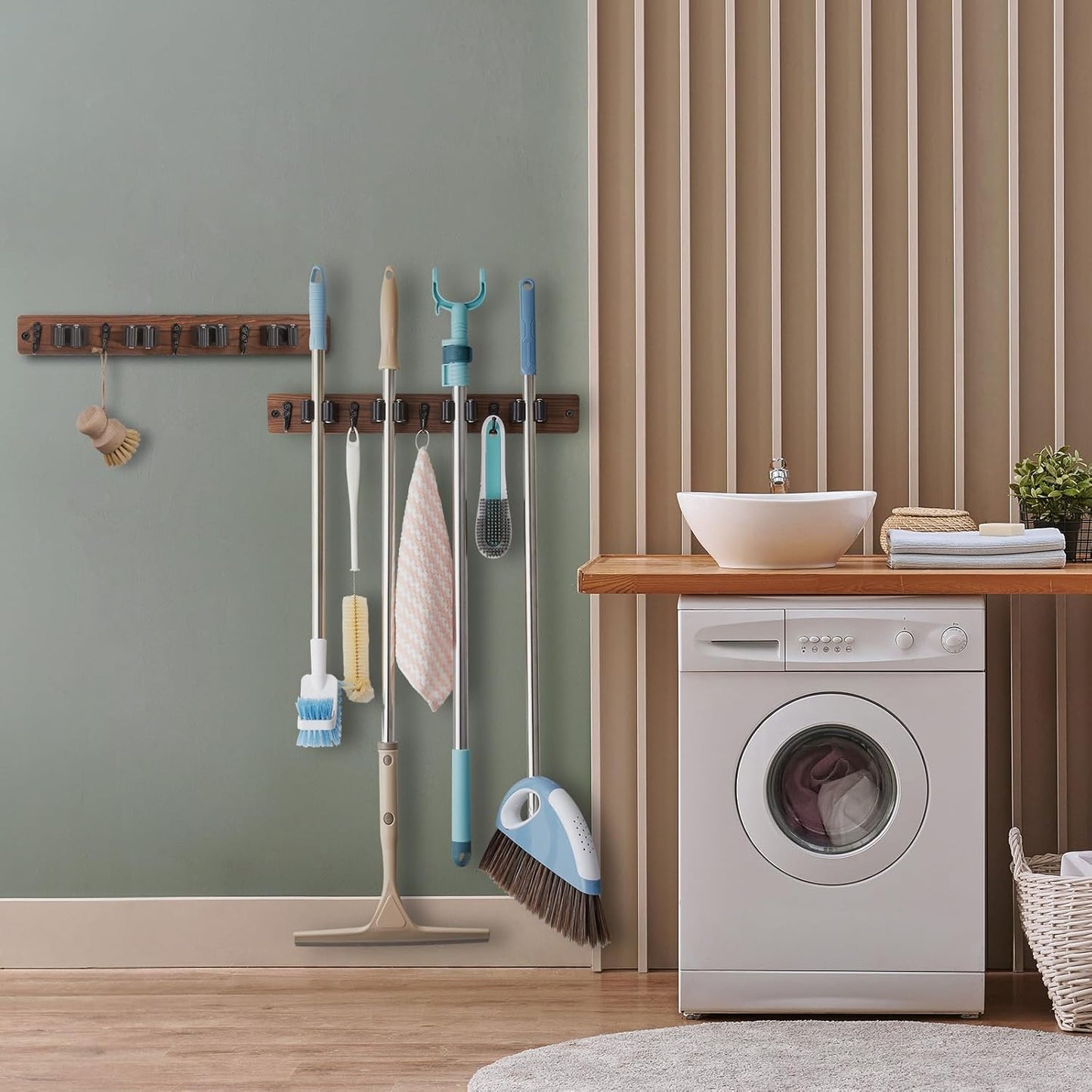 OUTNILI Mop Broom Holder Wall Mount - 2 Pack Wood Organizer with 4 Slots & Hooks for Rustic Kitchen, Garage, Laundry Room