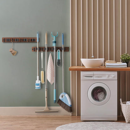 OUTNILI Mop Broom Holder Wall Mount - 2 Pack Wood Organizer with 4 Slots & Hooks for Rustic Kitchen, Garage, Laundry Room