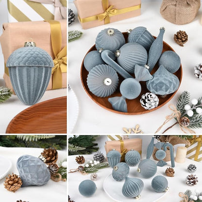 Grey Velvet Ornament Set - 24 Shatterproof Flocked Christmas Balls for Tree Décor - Dusty Blue/Gray (Variation: Grey)