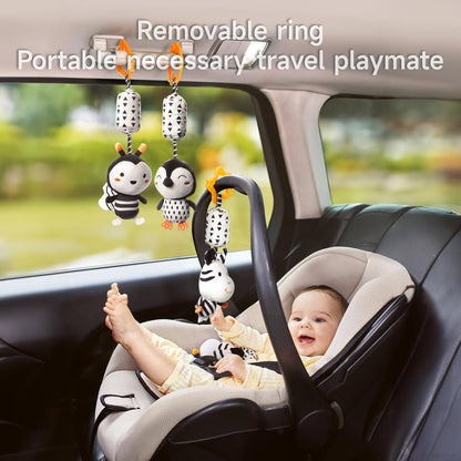 TUMAMA Plush Hanging Rattles - Black and White Baby Toys for Newborns | 4 Pack for Stroller Fun