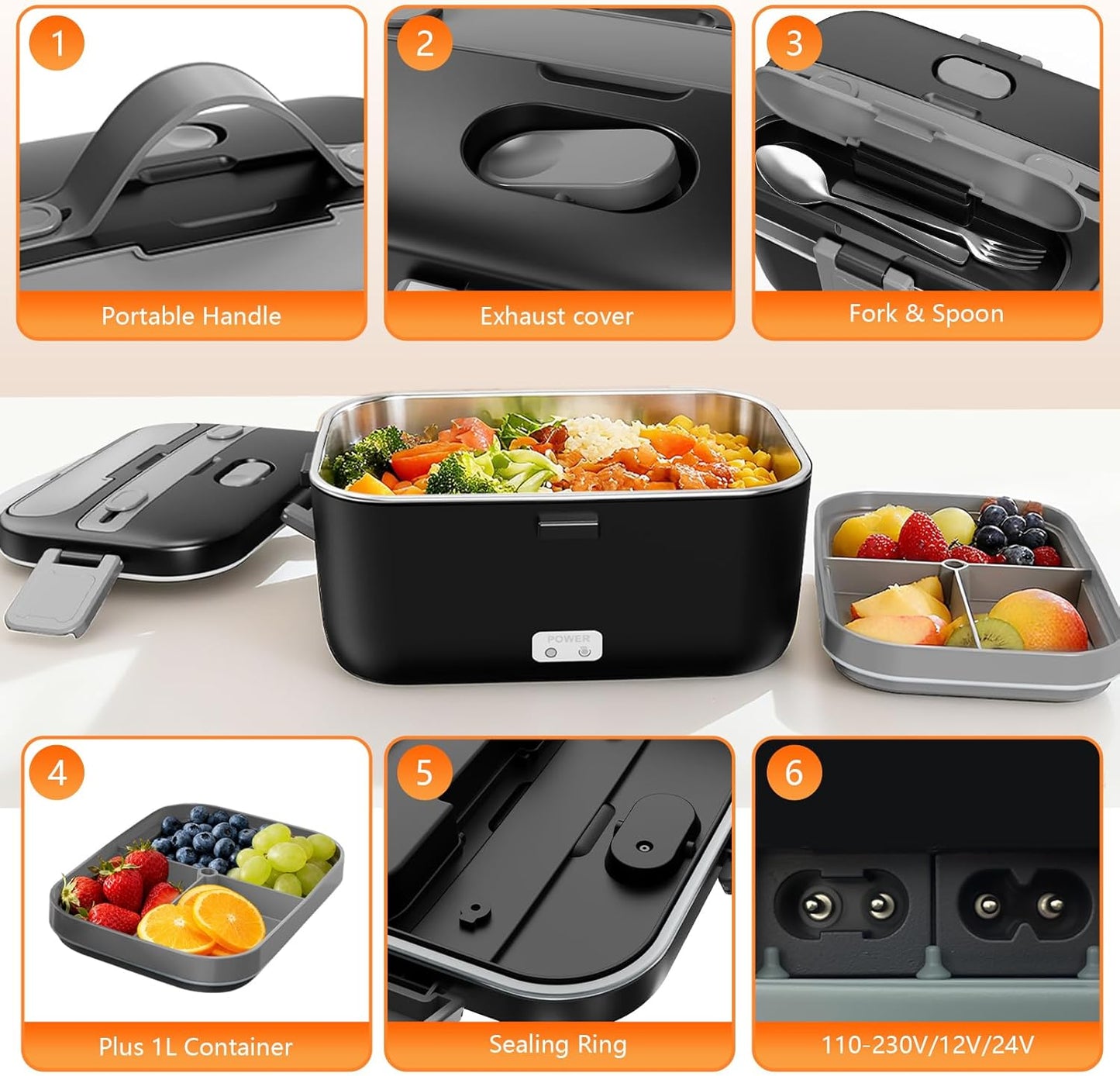 Skiennix Electric Lunch Box - 2.8L Double Layer Food Heater for Home, Office & Travel - Black