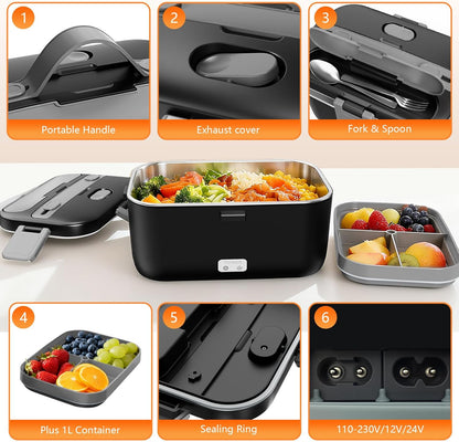Skiennix Electric Lunch Box - 2.8L Double Layer Food Heater for Home, Office & Travel - Black