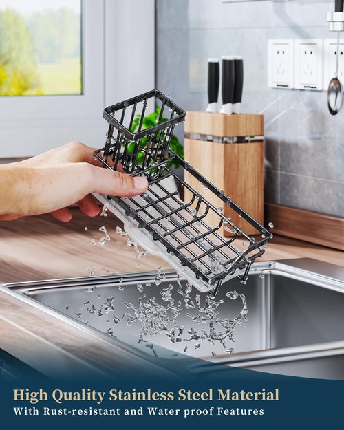 Consumest Sponge Holder - Kitchen Sink Caddy Organizer with Removable Drip Tray | 304 Stainless Steel - Black