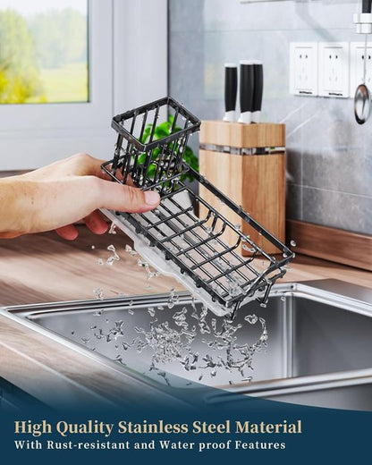 Consumest Sponge Holder - Kitchen Sink Caddy Organizer with Removable Drip Tray | 304 Stainless Steel - Black