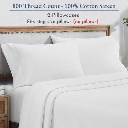 Heirloom 800 Thread Count 100% Cotton Sateen Pillow Cases - Soft & Smooth | 2 King Size, Bright White