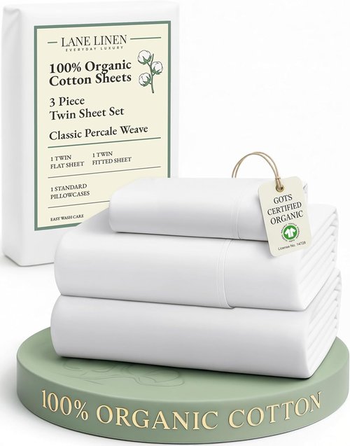 LANE LINEN 100% Organic Cotton Twin Sheets Set - Soft & Comfy Breathable Percale | White 3-Piece Bedding Essentials