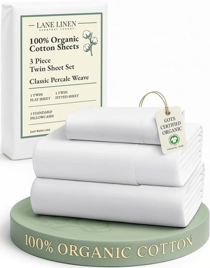 LANE LINEN 100% Organic Cotton Twin Sheets Set - Soft & Comfy Breathable Percale | White 3-Piece Bedding Essentials