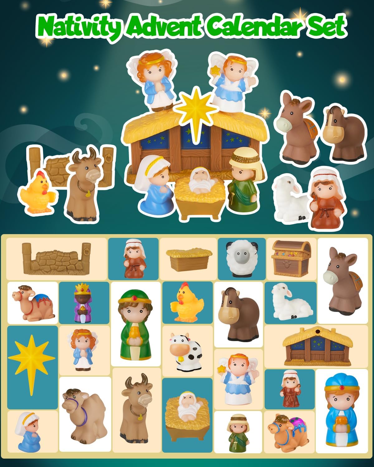 Nativity Advent Calendar 2025 - Christmas Story Playset for Kids | 25-Piece Nativity Scene Toys for Ages 1+