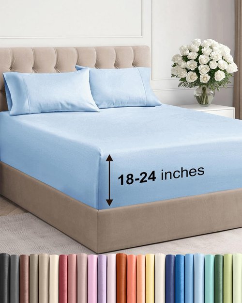 Extra Deep Twin XL Sheet Set - 4 Piece Breathable and Cooling Sheets - Hotel Luxury Bedding for Women, Men, Kids & Teens - Easy & Secure Fit - Soft and Wrinkle Free - Extra Deep Pockets - Light Blue