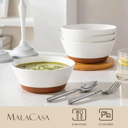 MALACASA Ceramic Soup Bowls Set of 4 - 36oz Microwave & Dishwasher Safe Speckled Deep Bowls in Vanilla White & Brown