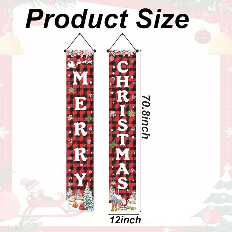 Merry Christmas Porch Banner - Red Buffalo Plaid with Snowman & Santa, Outdoor Door Decor