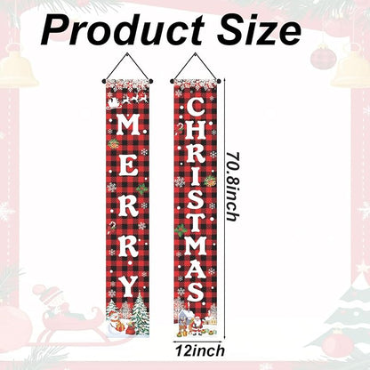 Merry Christmas Porch Banner - Red Buffalo Plaid with Snowman & Santa, Outdoor Door Decor