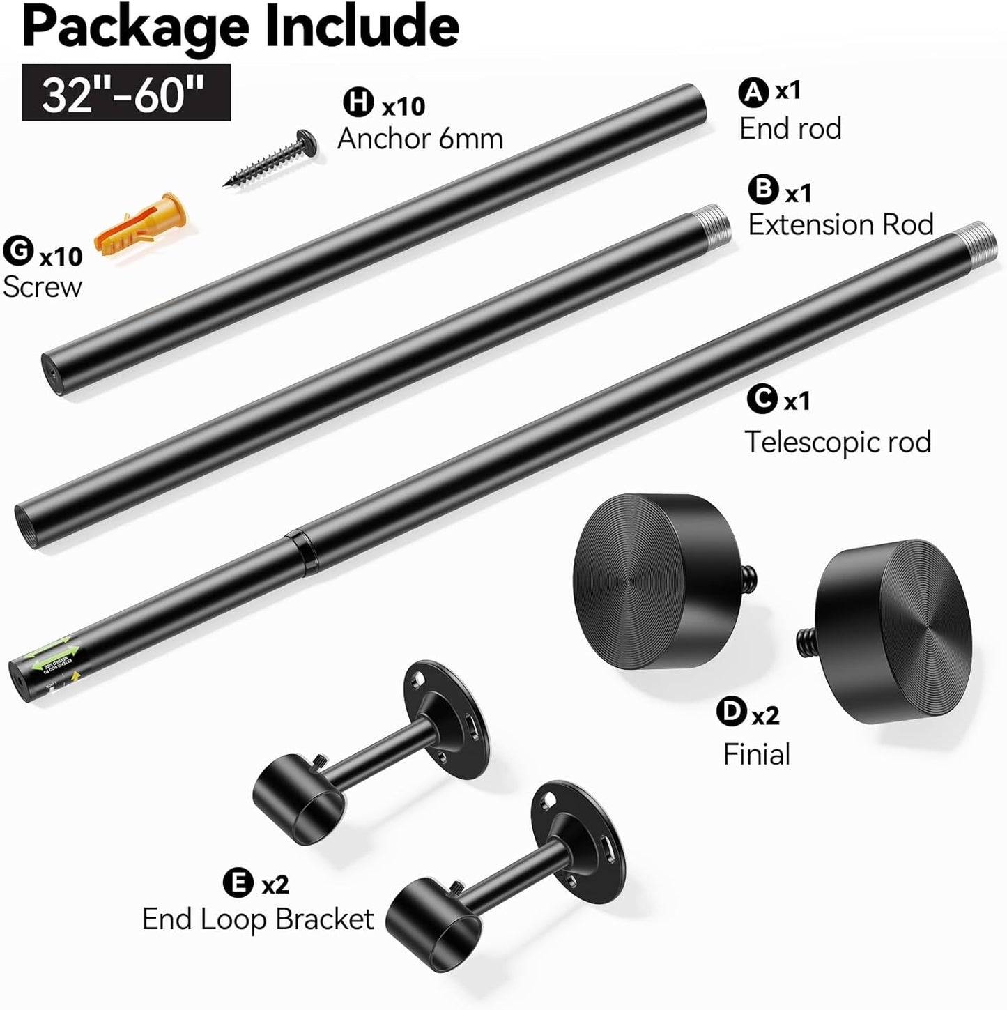 YaFex Heavy Duty Curtain Rods - Adjustable 32-60 Inch Black Window Treatment Rods with Aluminum Finials