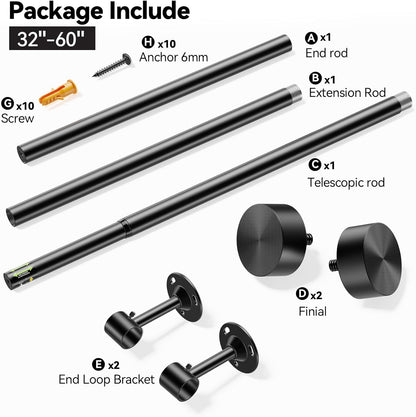 YaFex Heavy Duty Curtain Rods - Adjustable 32-60 Inch Black Window Treatment Rods with Aluminum Finials