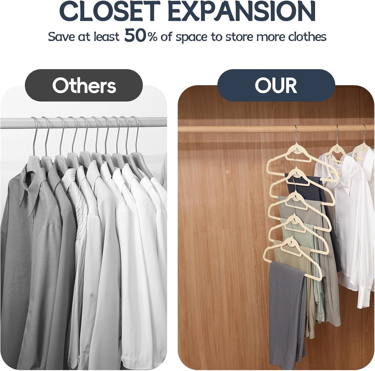 Velvet Hangers 50 Pack - Non-Slip Stackable Clothes Hangers with 360° Swivel Hooks | Ivory Felt Design
