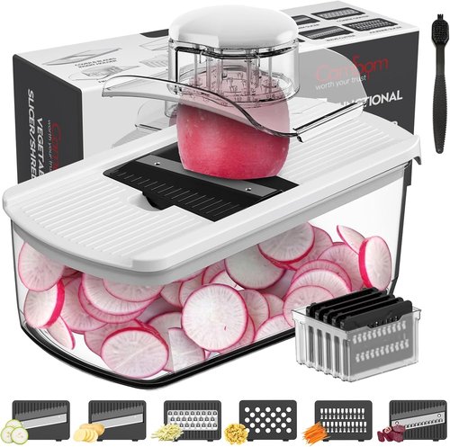 Cambom Mandoline Slicer - Versatile Vegetable Slicer with 10 Blades & 2L Container | Ideal for Potatoes, Tomatoes, Cucumbers, Carrots