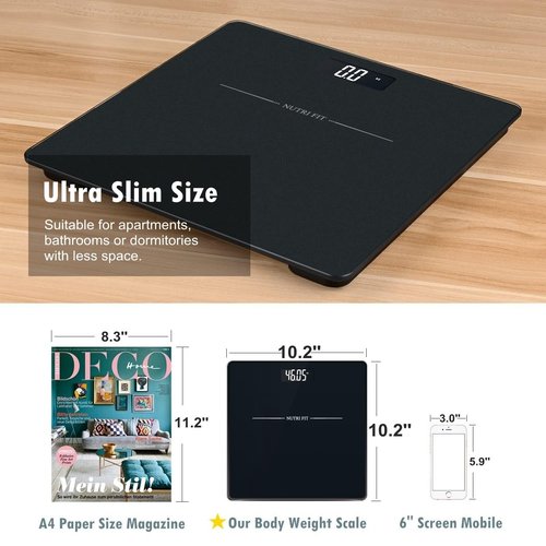 NUTRI FIT Digital Bathroom Scale for Body Weight Loss Watchers Electri Scales, 50g/0.1lb Discrepancy, Clear Backlit LCD Display and Step-On Techhology, 2*AAA Batteries Included, 330lb/150kg, Jet Black
