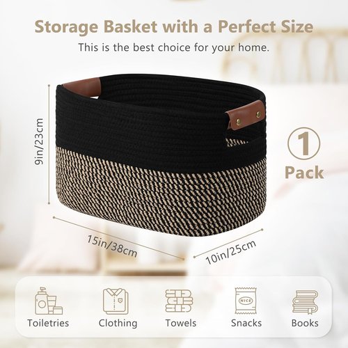 ECDYQXVU Cotton Rope Basket - Stylish Storage Solution with Handles | 15x10x9 Inch | Black Brown