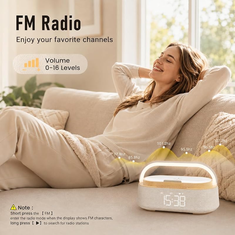 Wood Variation 6-in-1 Alarm Clock with Bluetooth Speaker, Wireless Charger, FM Radio, Night Light